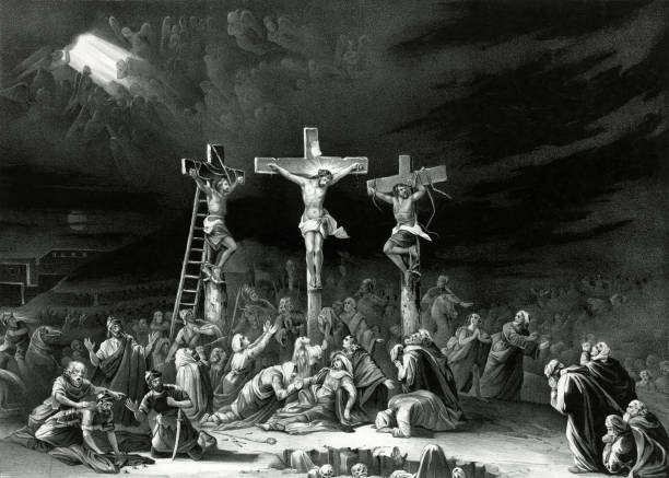 Vintage image depicting the scene of Jesus Christ being crucified on the cross.