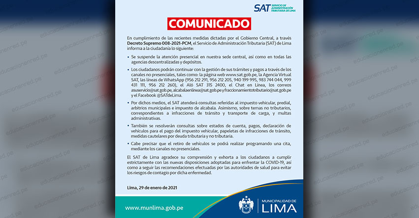 SAT Lima suspende atención presencial y atenderá por canales virtuales durante la cuarentena