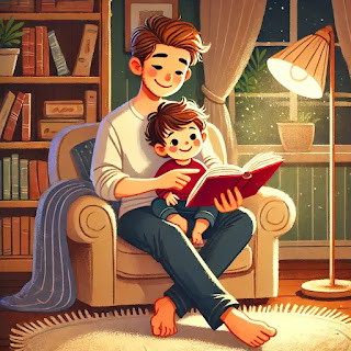 imagen que representa a un padre leyendo un libro de cuentos a su hijo en un ambiente cálido y acogedor