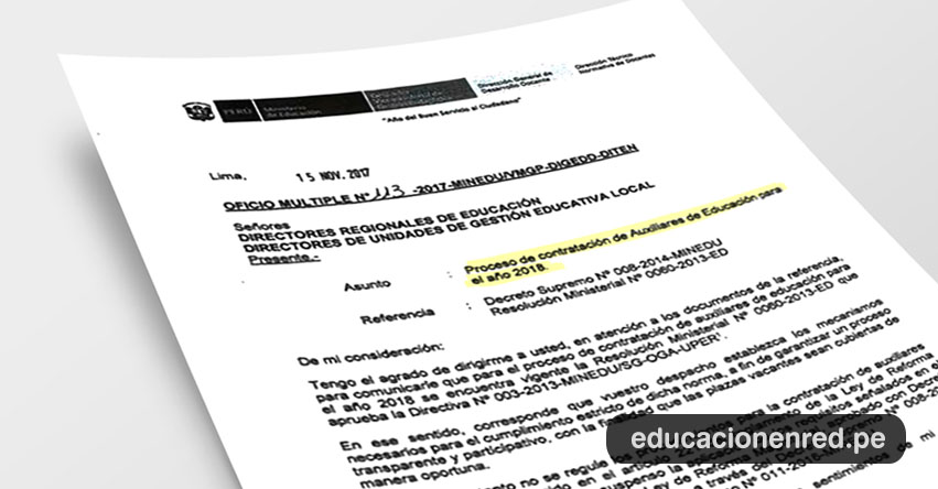 OFICIO MÚLTIPLE N° 113-2017-MINEDU/VMGP-DIGEDD-DITEN - Proceso de contratación de Auxiliares de Educación para el año 2018 - www.minedu.gob.pe