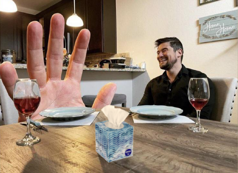 Einsamer Mann bei romantischem Date. Lustige Bilder romantisches Essen mit der Hand.