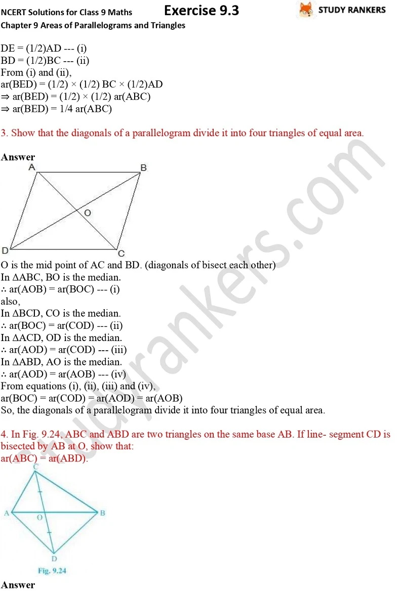 NCERT Solutions for Class 9 Maths Chapter 9 Areas of Parallelograms and Triangles Exercise 9.3 Part 2