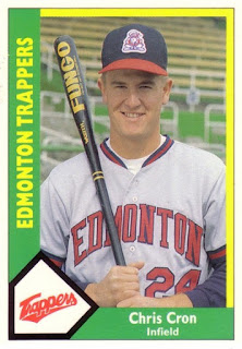 Chris Cron 1990 CMC baseball card, seen up close with Fungo bat on shoulder