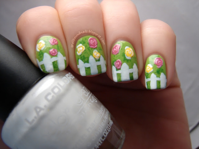 nails nailart nail art polish mani manicure Spellbound ABC Challenge S is for Spring Scene flowers roses texture green leaf leafy white picket fence pink yellow LA Colors Wet n Wild Candy-licious Sinful Colors Exotic Green Revlon Garden eyeshadow applicator sponge sponged sponging 