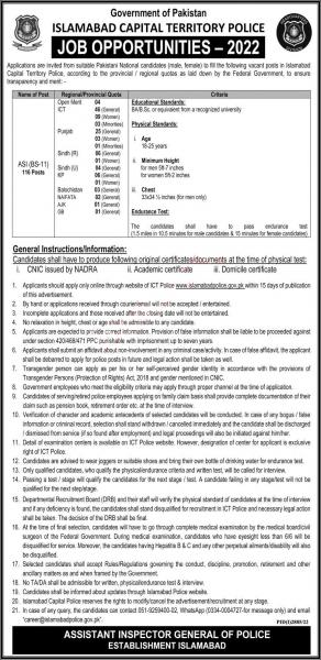 ISLAMABAD CAPITAL TERRITORY POLICE JOB OPPORTUNITIES - 2022