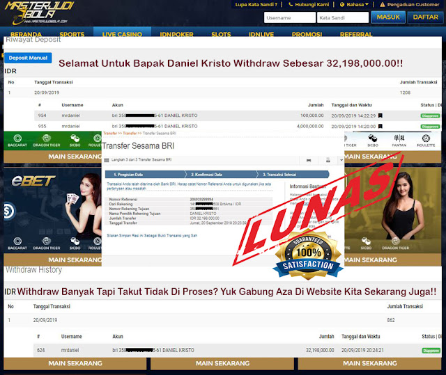 Bukti kemenangan bapak Daniel Kristo di permainan Sbobet Casino Dengan Total Withdraw 32,198,000.00