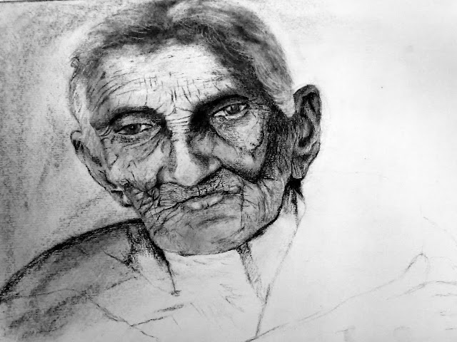 Charcoal art Solitude Old woman Old age