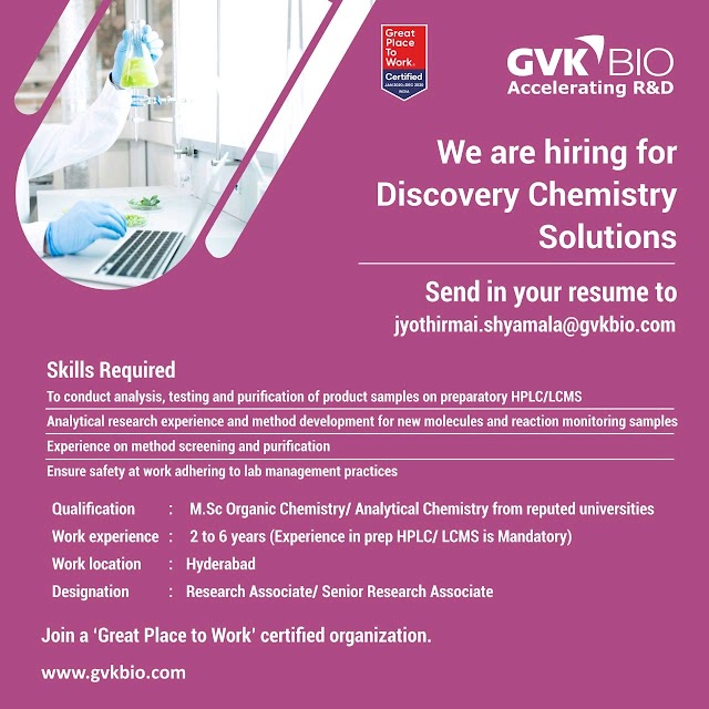 GVK bio | Hiring experienced in Discovery chemistry at Hyderabad & Bangalore