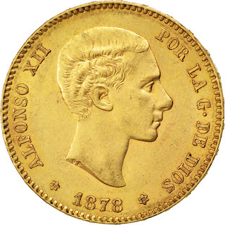 Spanish Gold Coins 25 Pesetas Gold Coin 1878 King Alfonso XII of Spain