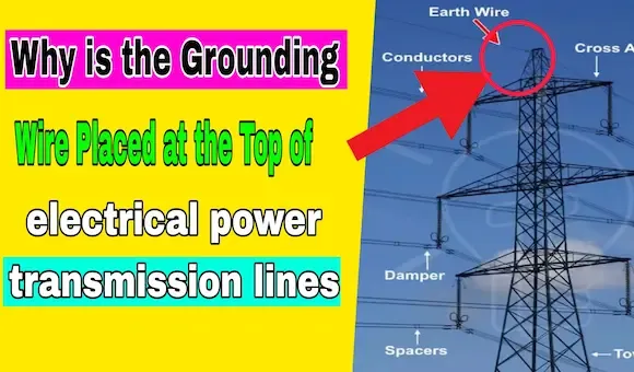 Why is the grounding wire placed at the top of electrical power transmission lines