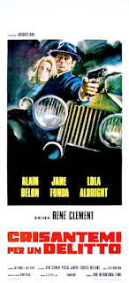 CRISANTEMI PER UN DELITTO. Italia. Locandina: 33 x 70 cms. Ilustrador: Sandro Symeoni. Imprenta: Litoroma, Roma. LOS FELINOS. Les félins. 1964. Francia. Dirección: René Clément. Reparto: Alain Delon, Jane Fonda, Lola Albright, Sorrell Booke, Carl Studer, André Oumansky, Arthur Howard, George Gaynes, Annette Poivre, Berett Arcaya, Marc Mazza, Jacques Bézard.