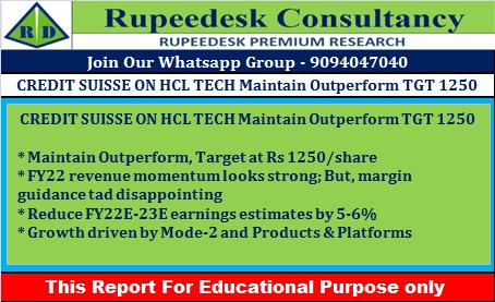 CREDIT SUISSE ON HCLTECH Maintain Outperform TGT 1250 - 26.04.2021