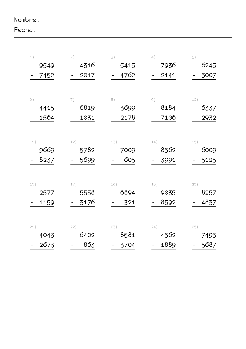 hojas de ejericicios de restas