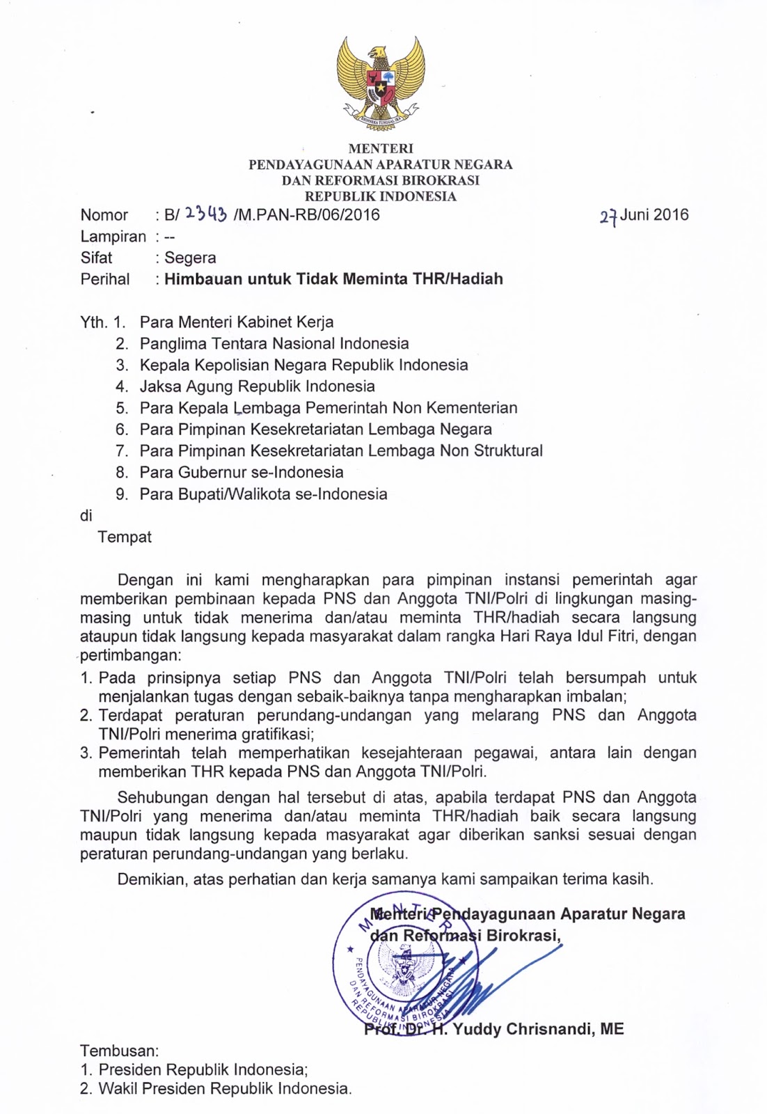 Surat Menteri PANRB Tentang Himbauan Untuk Tidak Meminta 