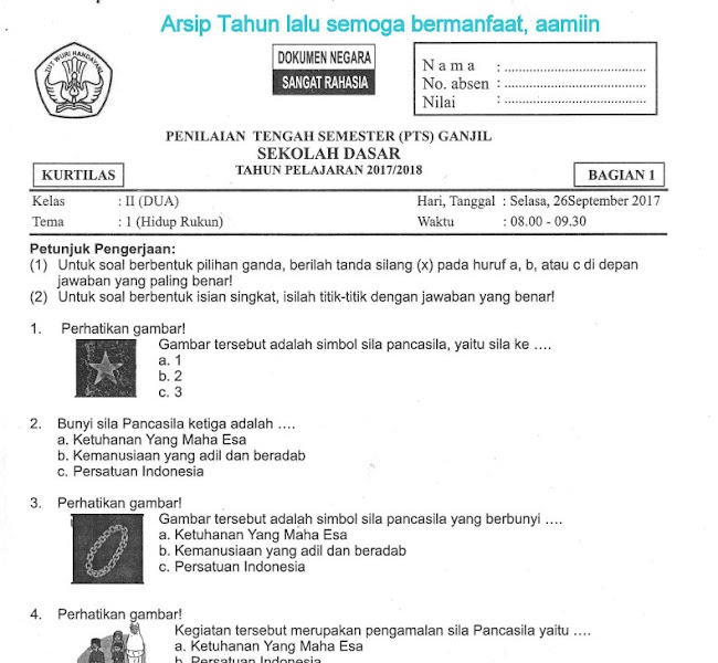 Download Soal Penilaian Tengah Semester (PTS) Ganjil Tema 1 Bagian 1 Kelas 2 SD Tahun 2017-2018 Gratis