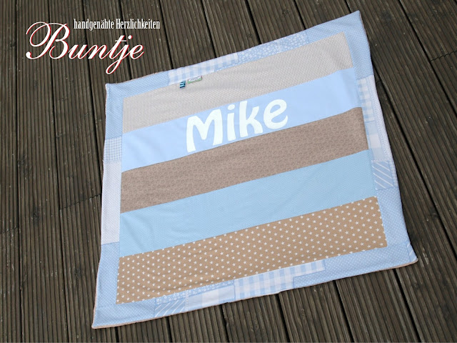  Krabbeldecke Decke Baby Kuscheldecke Name Geschenk Geburt Taufe Baumwolle Fleece nähen handmade Buntje personalisiert Junge Mike pastell hellblau blau taupe beige hellbraun Eulen Tiere