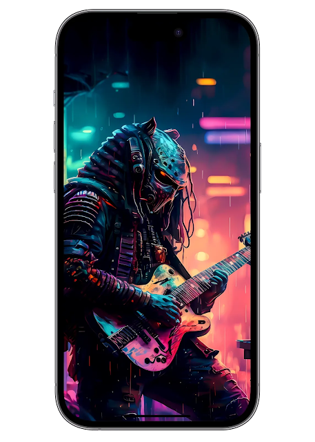 guitarist predator in a cyberpunk or synthwave style illustration