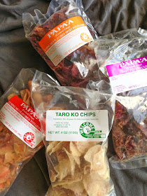 Taro Chips, Sweet Potato Chips, Li Hing Mui flavored potato chips, and Li Hing Mui flavored sweet potato chips