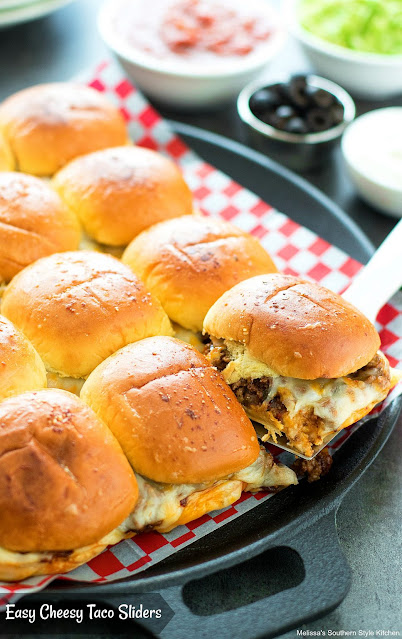 Pan of Taco Slider sandwiches on a red & white checkered cloth.