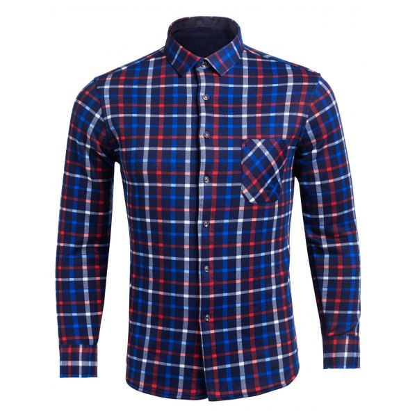 Flocking Turndown Collar Color BlockPlaid Pattern Pocket Shirt - Blue M