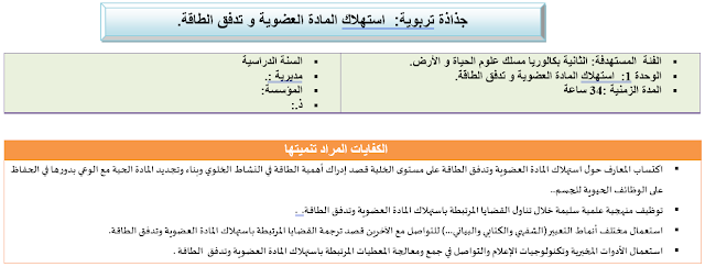 جذاذة تربوية الثانية  باك  svt bac   استهلاك المادة العضوية و تدفق الطاقة