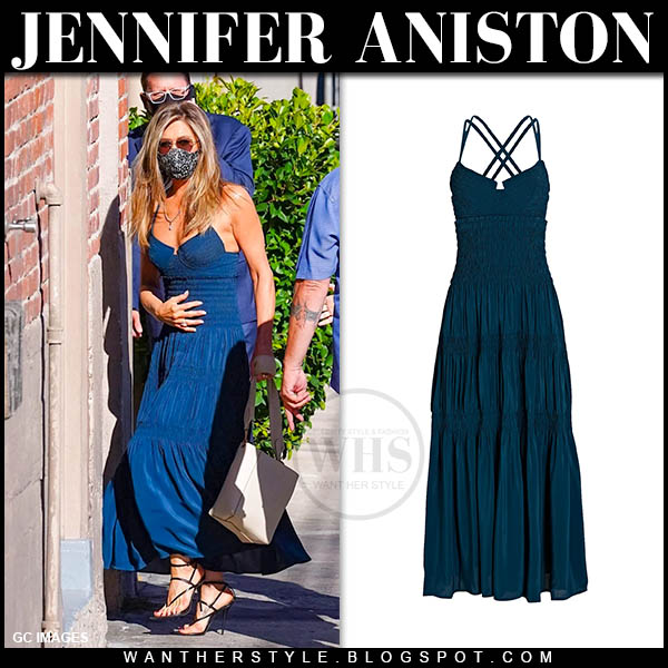 Jennifer Aniston in blue smocked maxi dress