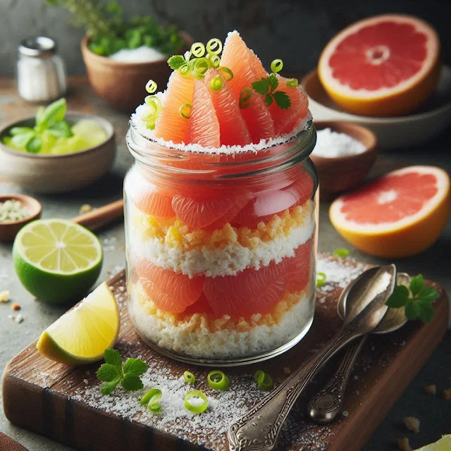 Verrine de Suprêmes de pamplemousse et à la noix de coco râpée
