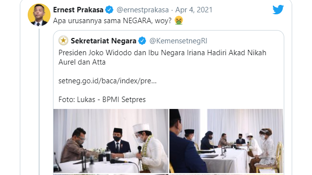 Setneg Unggah Foto Nikah Atta-Aurel, Ernest Prakasa: Apa Urusannya sama Negara?