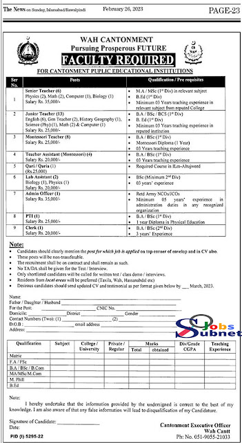 New Wah Cantonment Teaching Staff Jobs 2023 Advertisement