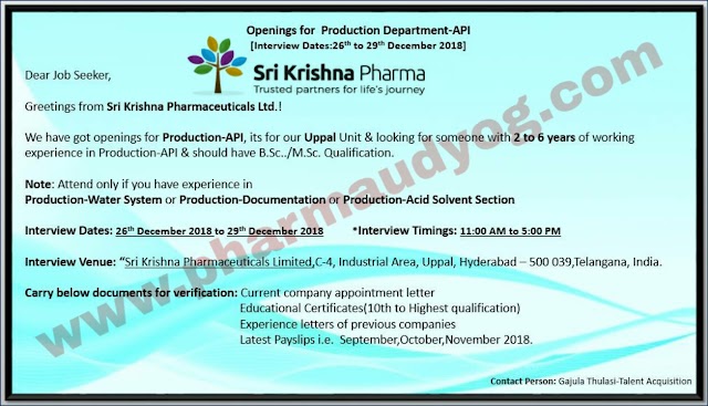 Sri Krishna Pharma | Walk-In for Production | 26th to 29th December 2018 | Hyderabad
