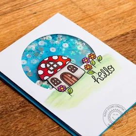 Sunny Sentiments Stamps Backyard Bugs Toadstool House Shaker card by Marion Vagg.