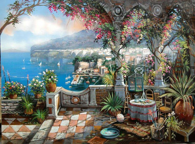 A stunning Paintings, representing the town of Positano, Italy
