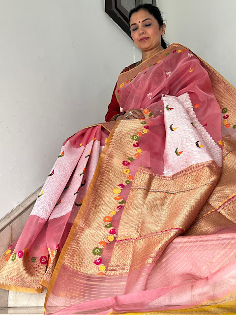 Pink kora silk kaduwa weave with zari waves and boats and lotus in the bod