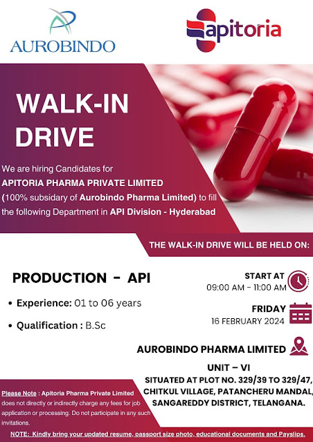 Apitoria Pharma Walk in Interview For Production API