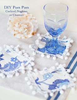 DIY Pom Pom Cocktail Napkins or Coasters, blue and white