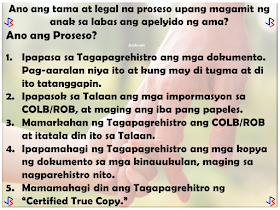 In September of 1990, the United Nations General Assembly approved and adopted the Declaration of the Rights of the Child. Among the rights of a child acknowledged is the right of the child to preserve his or her identity, including nationality, name and family relations as recognized by law without unlawful interference.  The Philippines, as signatory to this declaration, has done its share to promote this right, especially in cases where the child is considered illegitimate by law. Who are considered illegitimate children in the Philippines? Children born to couples who are not legally married or of common-law marriages; Children born of incestuous, bigamous, or adulterous relations; Children born of void marriages; Children born of couples below 18, even if they are married (which is actually void).  So in a case where a child is born out of wedlock, which surname should be given to him/her?  Over the years, the law on illegitimate children's surname has shifted several times - pre-EDSA Revolution, in 1988, and lastly in 2004. Here are the following basic principles.   Born before August 3, 1988: Prior to the Family Code (1988), an illegitimate child has the right to bear the surname of the parent recognizing him. Recognition shall be made in the record of birth, a will, statement before a record, or in any authentic writing. If recognition is made by only one of the parents, he or she shall not reveal the name of the person with whom he or she had the child.  An illegitimate child who is not recognized or acknowledged by both parents in accordance with law shall be registered under the surname of the mother.   Born on or after August 3, 1988 up to March 18, 2004: By law, an illegitimate child shall use the surname of the mother. The father of an illegitimate child who wishes to have his name indicated in the Certificate of Live Birth shall execute an affidavit of Admission of Paternity in lieu of the affidavit of acknowledgement. The purpose of affidavit of admission of paternity is for the support and succession only, and it does not automatically entitle the illegitimate child to use the surname of his father.   Born from March 19, 2004 up to present: According to Republic Act No. 9255, illegitimate children shall shall be under the parental authority of their mother, and shall be entitled to child support from the father.  Illegitimate children may use the surname of their father if the paternity is established by any of the following: filiation has been expressly recognized by the father through the record of birth appearing in the civil register - Certificate of Live Birth or Municipal Form No. 102; when an admission in a public document or private handwritten instrument is made and duly signed by the father; any other means of establishing paternity as allowed by the Rules of Court and special laws. For those born from August 3, 1988 to March 18, 2004, the rules of RA 9255 stated above cannot be used by the child until after a court decision.  So what is the right and legal process for an illegitimate child to use his or her father's surname?  Terms to Remember:  Certificate of Live Birth (COLB) - for children born in the Philippines Report of Birth (ROB) - for children born outside the Philippines Affidavit to Use the Surname of the Father (AUSF) Private Handwritten Instrument (PHI) Local Civil Registry Office (LCRO) Philippine Foreign Service Post (PFSP) - Philippine embassies , missions , consulates general.   What to File? The following documents shall be filed at the LCRO or PFSP for registration:  Certificate of Live Birth (COLB)/Report of Birth (ROB) if available Affidavit of Admission of Paternity Private Handwritten Instrument (PHI) Affidavit to Use the Surname of the Father (AUSF)   Who may file? The following persons are authorized to file at the LCRO or PFSP:  The father, mother, the person himself , if of age, or the guardian,  may file the Affidavit of Admission of Paternity. The father , mother, the person himself, if of age, or the guardian , may file the AUSF. The father shall personally file the PHI, if  the proof of filiation is through a PHI, at the  LCRO/PFSP for registration. The mother, the person himself, if of age, or the guardian, may file the PHI if the father is already deceased. The PHI can be accepted provided there are supporting documents to prove filiation.   Where to register?  For births that occur in the Philippines, the Affidavit of Admission of Paternity, PHI or AUSF executed in the Philippines shall be registered at the LCRO of the place of birth. For births that occur within or outside the Philippines, the Affidavit of Admission of Paternity, PHI or AUSF executed outside the Philippines shall be registered at the PFSP of the country of residence, or where there is none, to the PFSP of the country nearest the place of residence of the party concerned. For births that occur outside the Philippines, the Affidavit of Admission of Paternity, PHI or AUSF executed in the Philippines shall be registered at the LCRO of the place of execution.    When to Register?   The Affidavit of Admission of Paternity, PHI,  or the AUSF shall be registered within twenty (20) days from the date of execution, otherwise, the rules on late registration of birth will apply.   How to Register?  The City/Municipal Civil Registrar (C/MCR) or the Consul General (CG) shall accept and examine the completeness and correctness of entries in the COLB/ROB, and the supporting documents . If there are inconsistencies, the C/MCR or Consul General will not accept the documents for registration. The C/MCR or the CG shall record the entries of the COLB/ROB in the Register of Births, Affidavit of Admission of Paternity, PHI and the AUSF in the Register of Legal Instruments. The C/MCR or the CG shall annotate the COLB/ROB and enter the annotation on the  Remarks portion of the Register of Births. The C/MCR or the CG shall distribute the annotated COLB/ROB, registered  Affidavit  of Admission of Paternity, AUSF, or PHI including any supporting document as follows:  first copy to the CRG; second copy to the LCRO/PFSP where the event was registered; third copy to the registrant/owner of the document; fourth copy shall be retained for filing by the LCRO/PFSP. The C/MCR or the CG shall issue certified copies of COLB/ROB with annotations and certified copies of the Affidavit of Admission of Paternity, AUSF, and PHI.  Conditions to Remember: As a rule, an illegitimate child not acknowledged by the father shall use the surname of the mother. Illegitimate child acknowledged by the father shall  use the surname of the mother if no AUSF is executed. An illegitimate child aged 0-6 years  old acknowledged  by the father shall  use the surname of the father, if the mother or the guardian , in the absence of the mother , executes the AUSF. An illegitimate child aged 7 to 17 years old acknowledged by the father shall use the surname of the father if the child executes an AUSF fully aware of  its consequence  as attested  by the  mother or guardian. Upon reaching the age of majority, an illegitimate child acknowledged by the  father shall use the surname of his father  provided that  he executes an AUSF without need of any attestation.