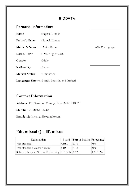 student biodata format sample