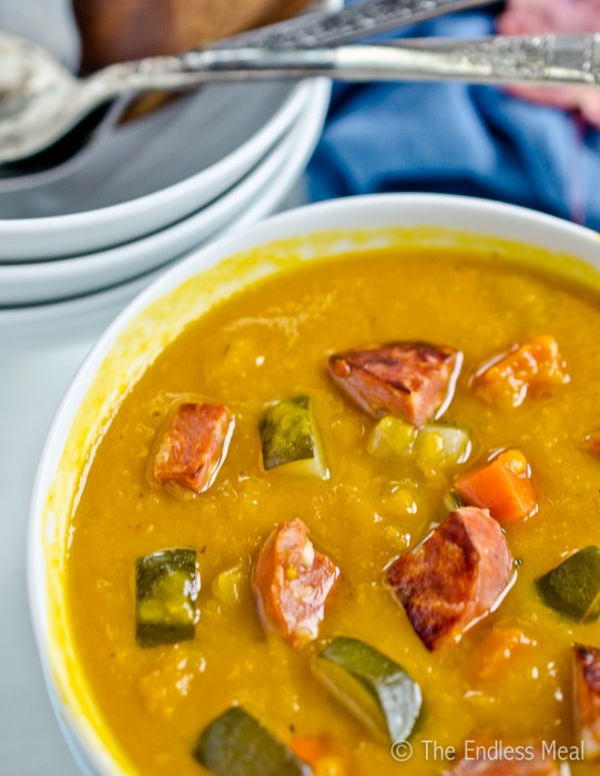 ROASTED SQUASH SOUP WITH CHORIZO AND VEGETABLES