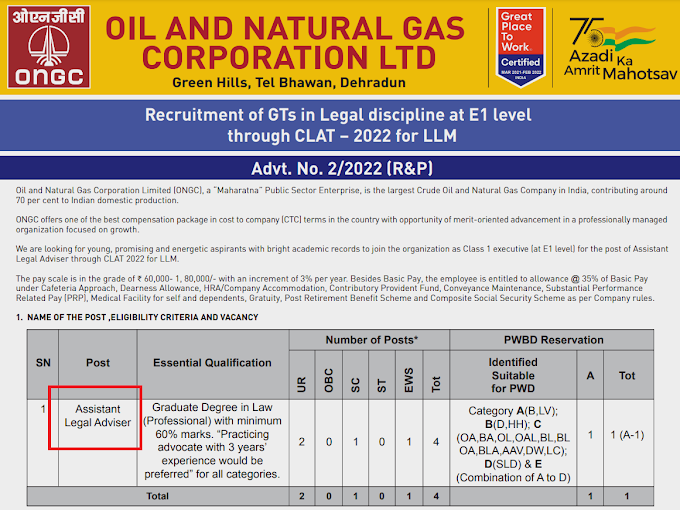 Assistant Legal Adviser at Oil and Natural Gas Corporation Limited (ONGC) - last date 08 May 2022