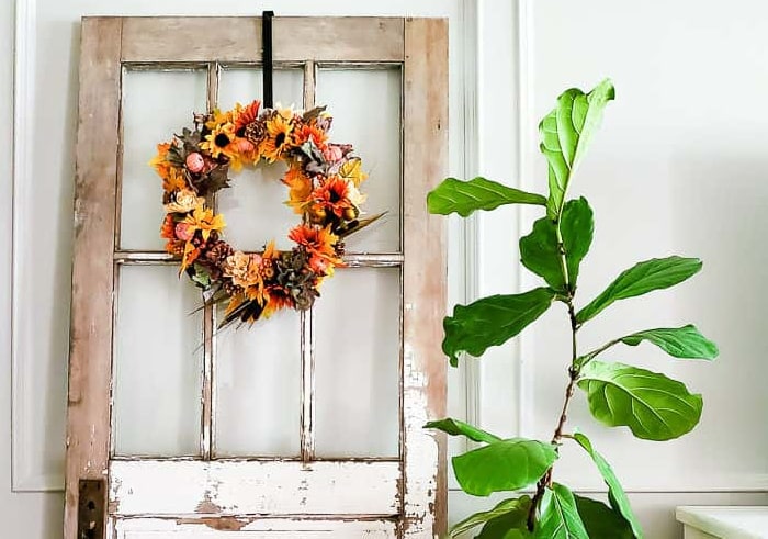 fall wreath on chippy door
