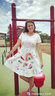 This activity is a keeper for years to come in my kindergarten classroom.  This dress is created by my students.  They made my teacher outfit for our end of year celebration.  See how easy this DIY dress is for classroom teachers!