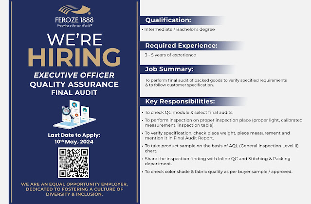 Feroze1888 Mills Limited Latest Jobs in Karachi Executive Officer Quality Assurance (Final Audit) 2024