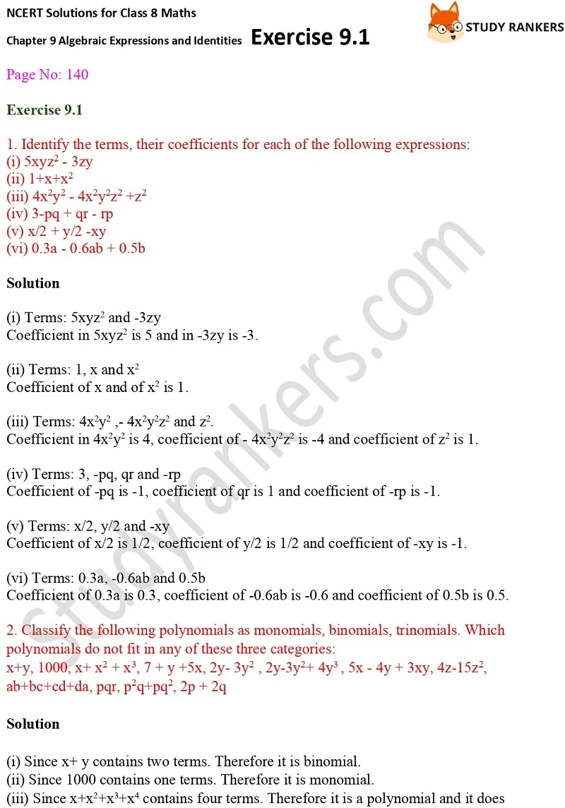 NCERT Solutions for Class 8 Maths Ch 9 Algebraic Expressions and Identities Exercise 9.1 3