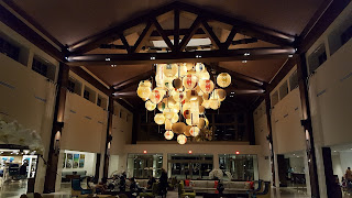Inside the massive lobby of Sapphire Falls Resort Universal Orlando