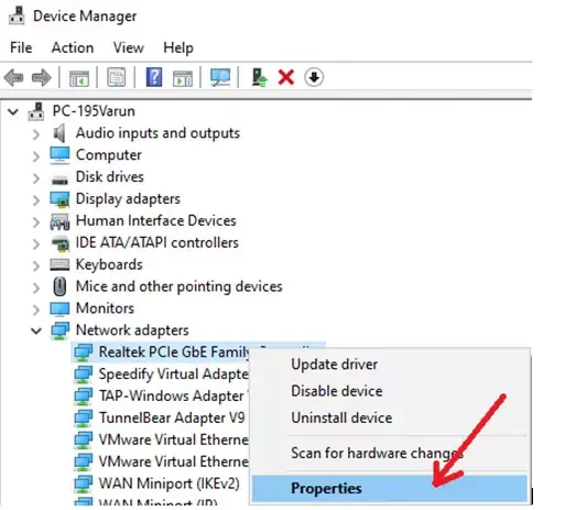 device manager Properties