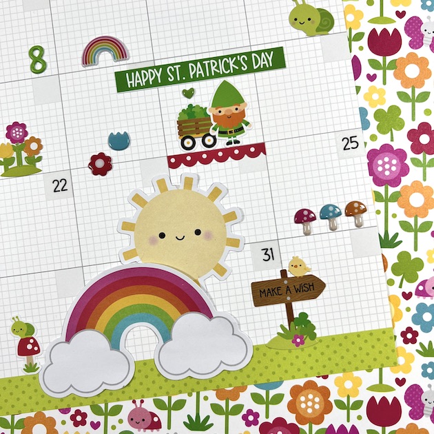 12x12 March Calendar Scrapbook Page with leprechaun, rainbow, & sunshine