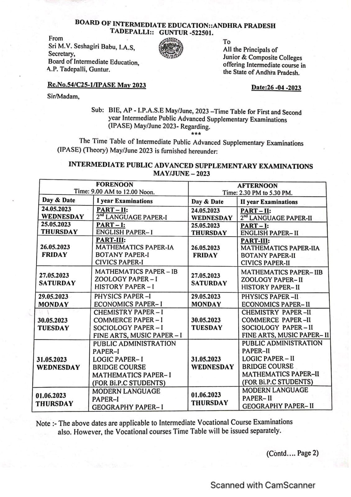 BIE AP Inter Supplementary Exams Time Table 2023 IPASE May June 2023 Schedule