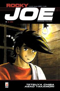 Rocky Joe 9 - Giugno 2003 | CBR 215 dpi | Mensile | Fumetti | Manga | Shounen | Azione | Fantasy
Numero volumi : 20
Rocky Joe è un shounen manga di Tetsuya Chibae Asao Takamori per la Kodansha, mentre in Italia la pubblicazione è stata a cura della Star Comics.
Fino a poco prima della pubblicazione di Ashita no Joe, in Giappone l'idea diffusa era che i manga fossero un prodotto rivolto solo ai bambini.
La storia di Joe Yabuki conquistò invece il pubblico di tutte le età, tanto che il suo successo continua tutt'oggi, e il personaggio è divenuto una sorta di icona popolare.
All'epoca della prima pubblicazione su rivista, nacque il modo di dire «tenere l'Asahi Journal nella mano sinistra e Shonen Magazine nella mano destra», che stava a significare la fruibilità di Ashita no Joe anche per adulti che normalmente leggono i quotidiani.
Girovagando per Tokyo il giovane Joe Yabuki, orfano senza casa e senza denaro, viene alle mani prima con una banda di ragazzini di un quartiere dormitorio e poi rincara la dose con un gruppo di Yakuza dimostrando, durante le due risse, di avere delle capacità fisiche fuori dal comune.
Il vecchio «pugilomane» Dampei Tange, ex allenatore di pugilato ora senzatetto e alcolista, vede nel ragazzo una possibilità di tornare a testa alta nel mondo della boxe arrivando al successo lungamente sperato e sconfiggendo definitivamente i fantasmi del suo passato.