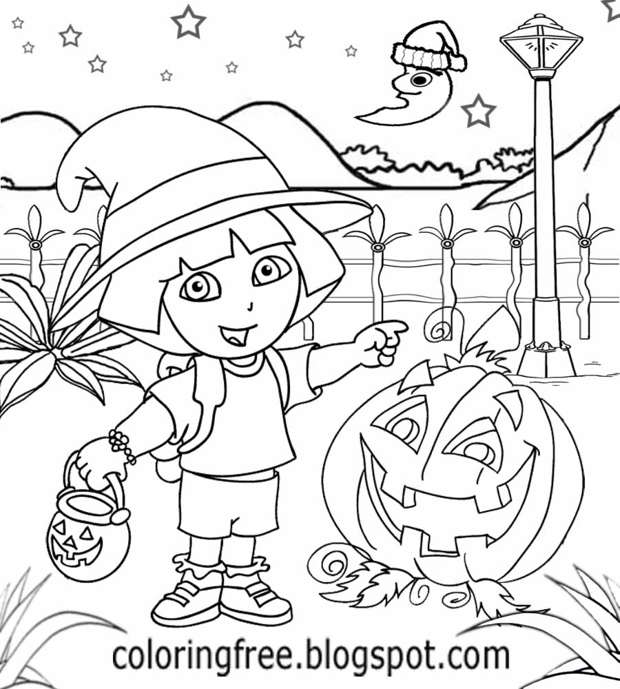 Cute pumpkin light Dora the explorer cartoon Halloween coloring pages for girls fairytale adventure