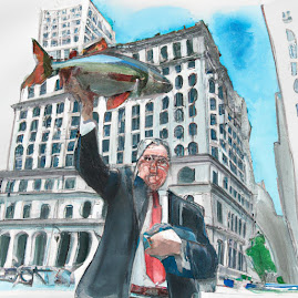 Illustration of Man Holding Big Fish on Wall Street